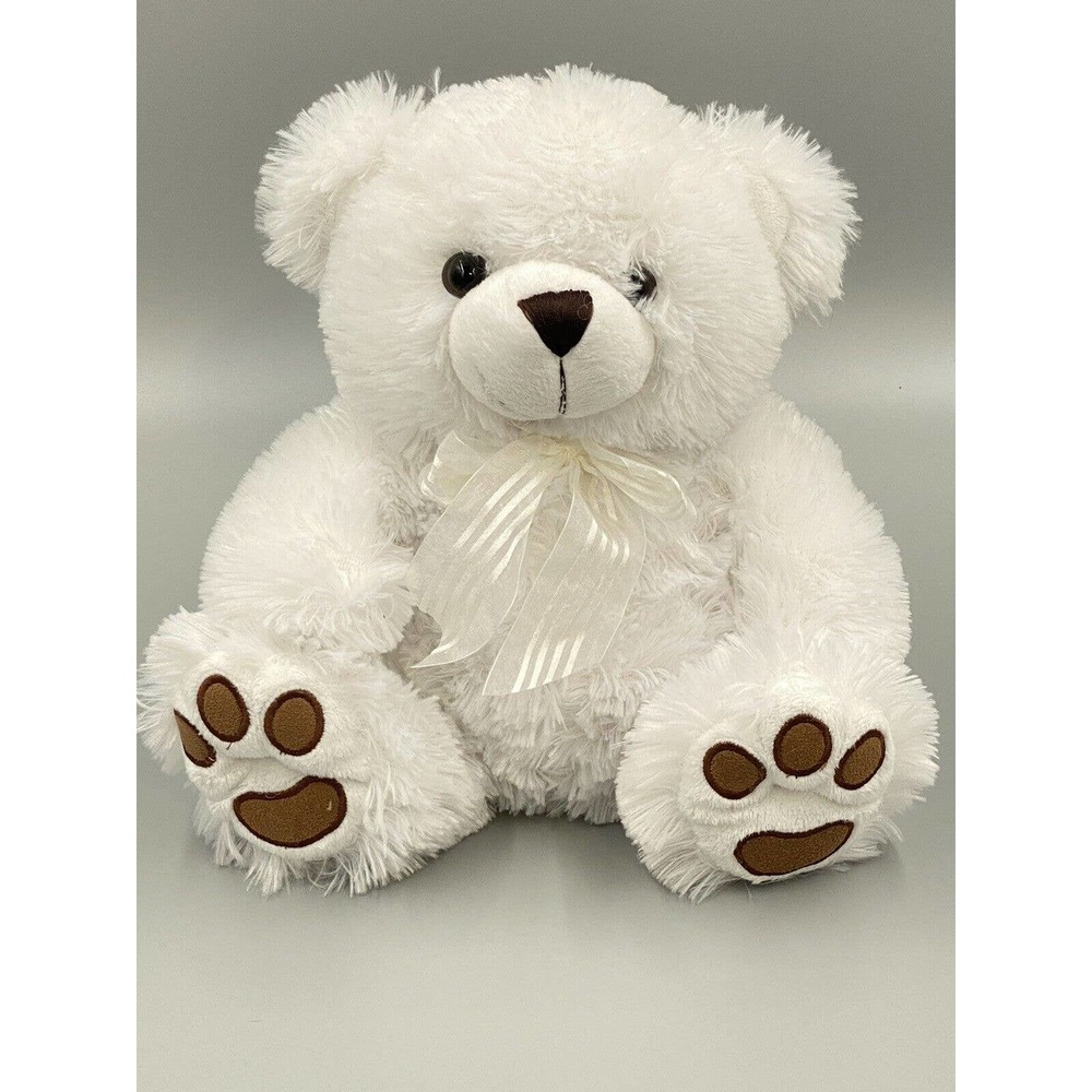 12” White Sitting Teddy Bear W/ Cream Colored Bow Brown Bear paws Stuffed Animal